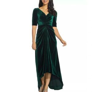 Adrianna Papell Ruched Velvet High-Low Gown Emerald Sz 10 EUC